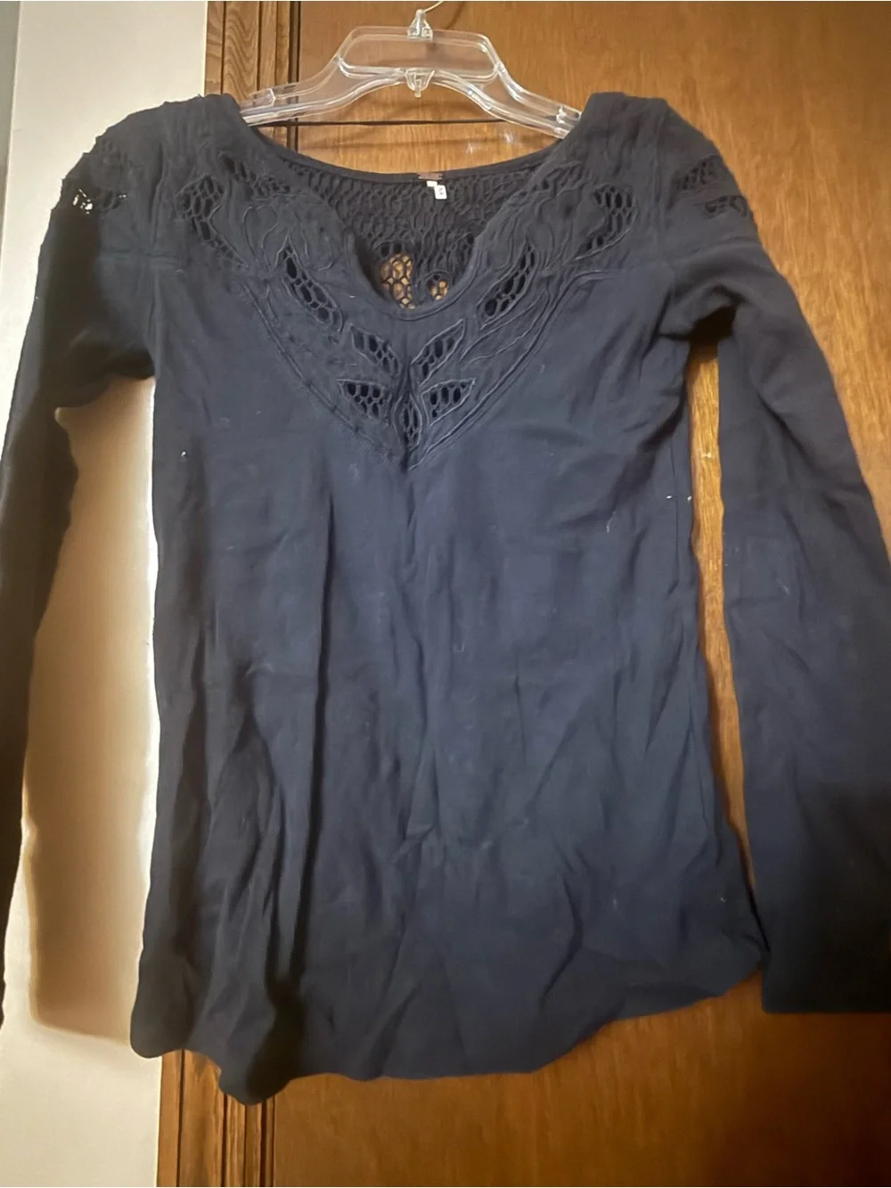 Free People Navy Crochet Yoke Long Sleeve Top